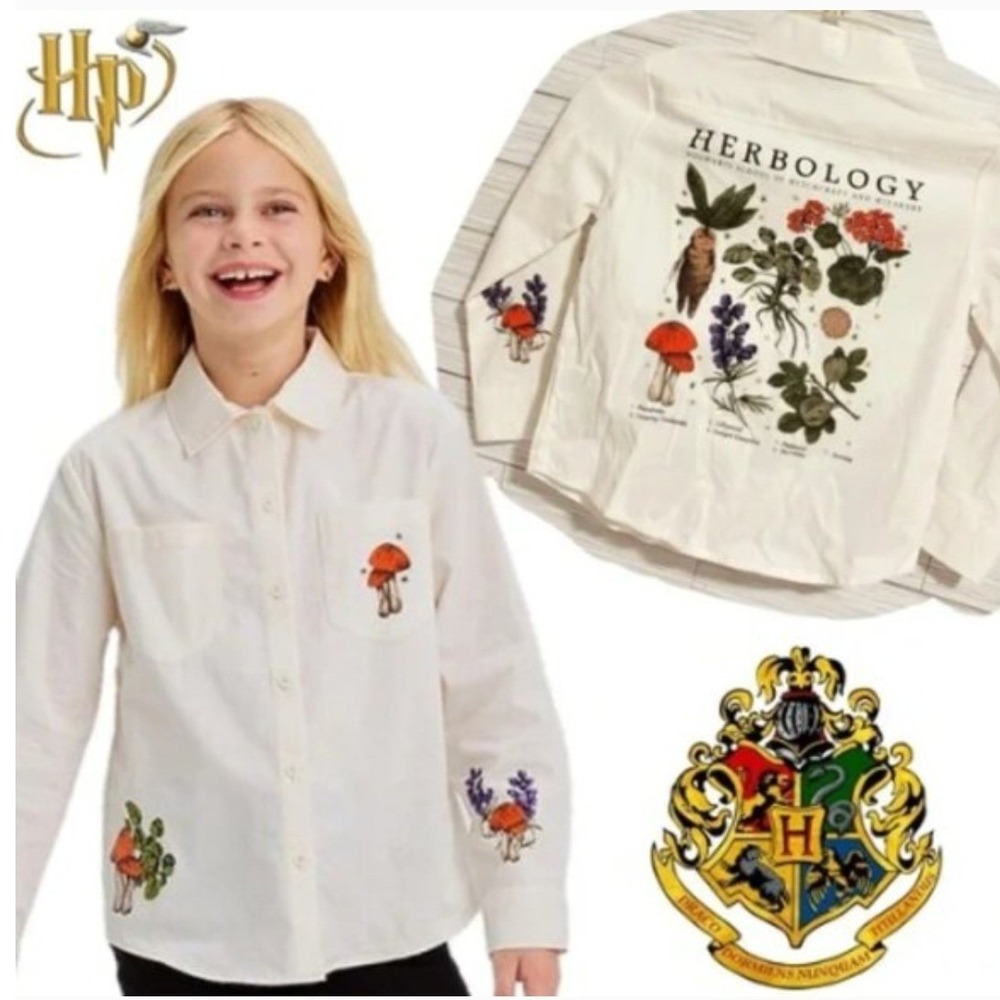 Harry Potter Kids Herbology Button Down Shirt Cream Hogwarts WRHP0S1QLB Size 6/7